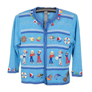 Vintage Jack B Quick Colorful Beaded Embellished Cardigan MEDIUM Nautical Sailor